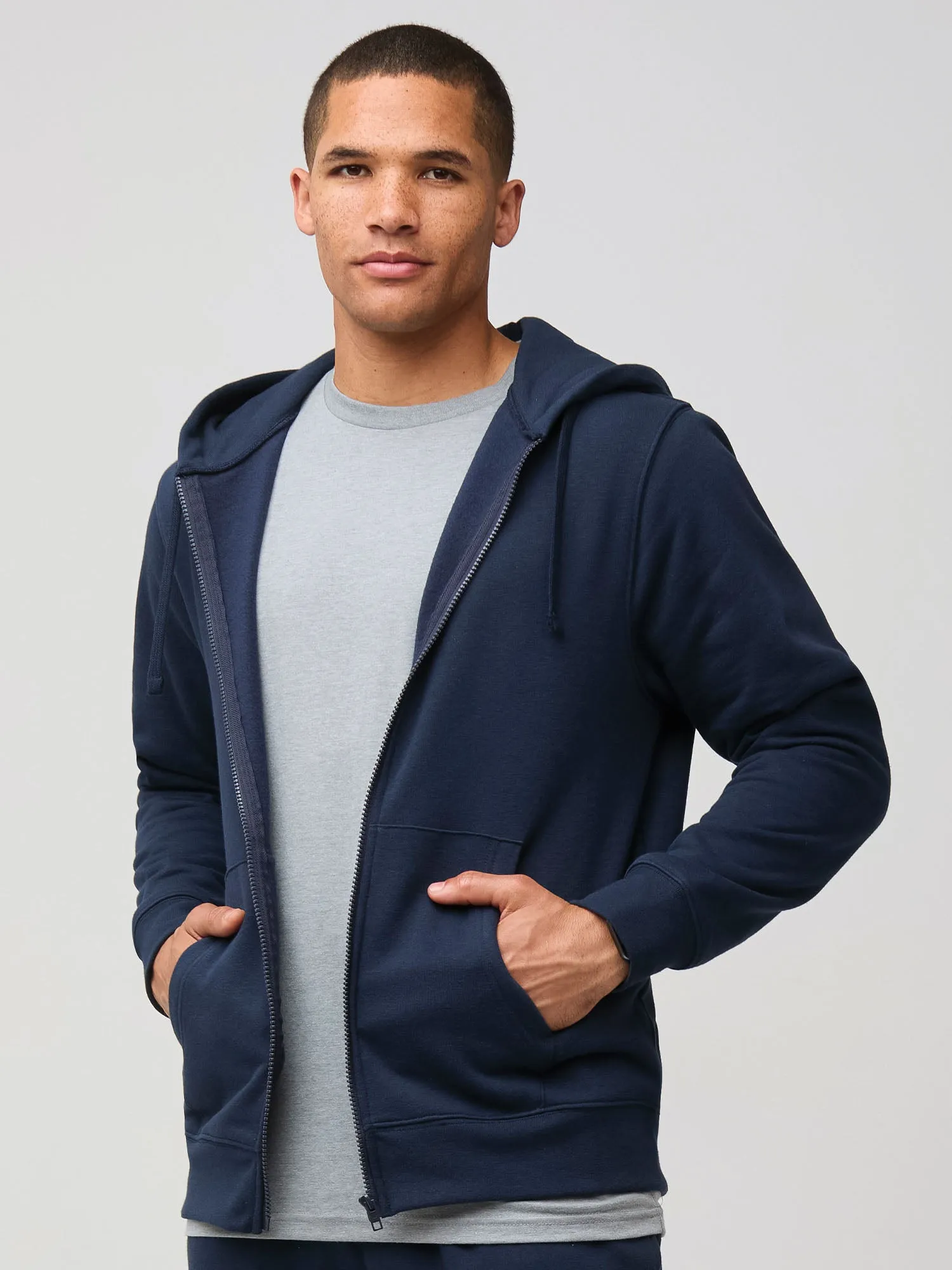 Dark Navy Zip-Up Hoodie Easy Fit Wrinkle Resistant Texture
