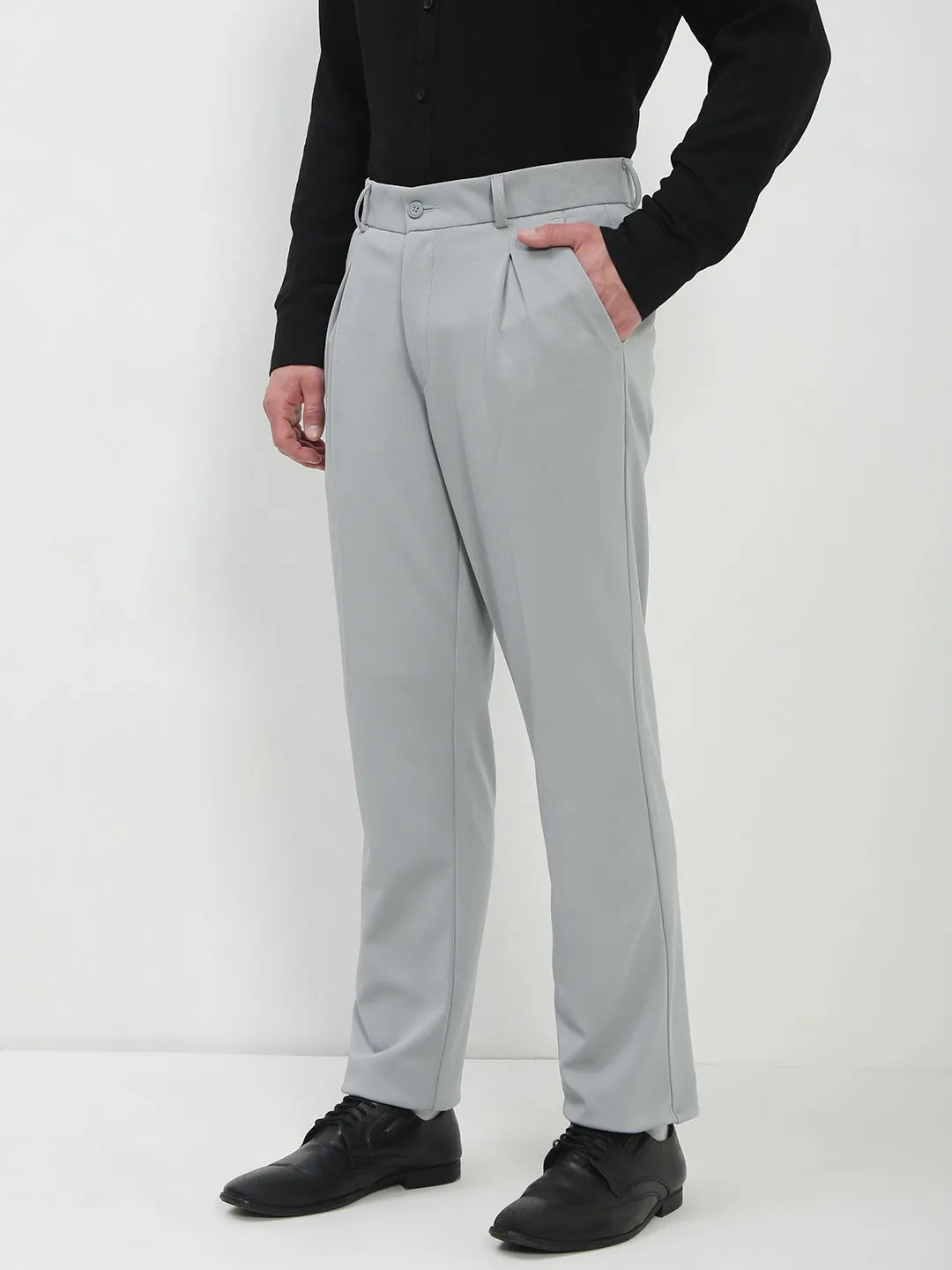 Neutral Shade Functional Waist Men's Light Grey Solid Formal Trousers