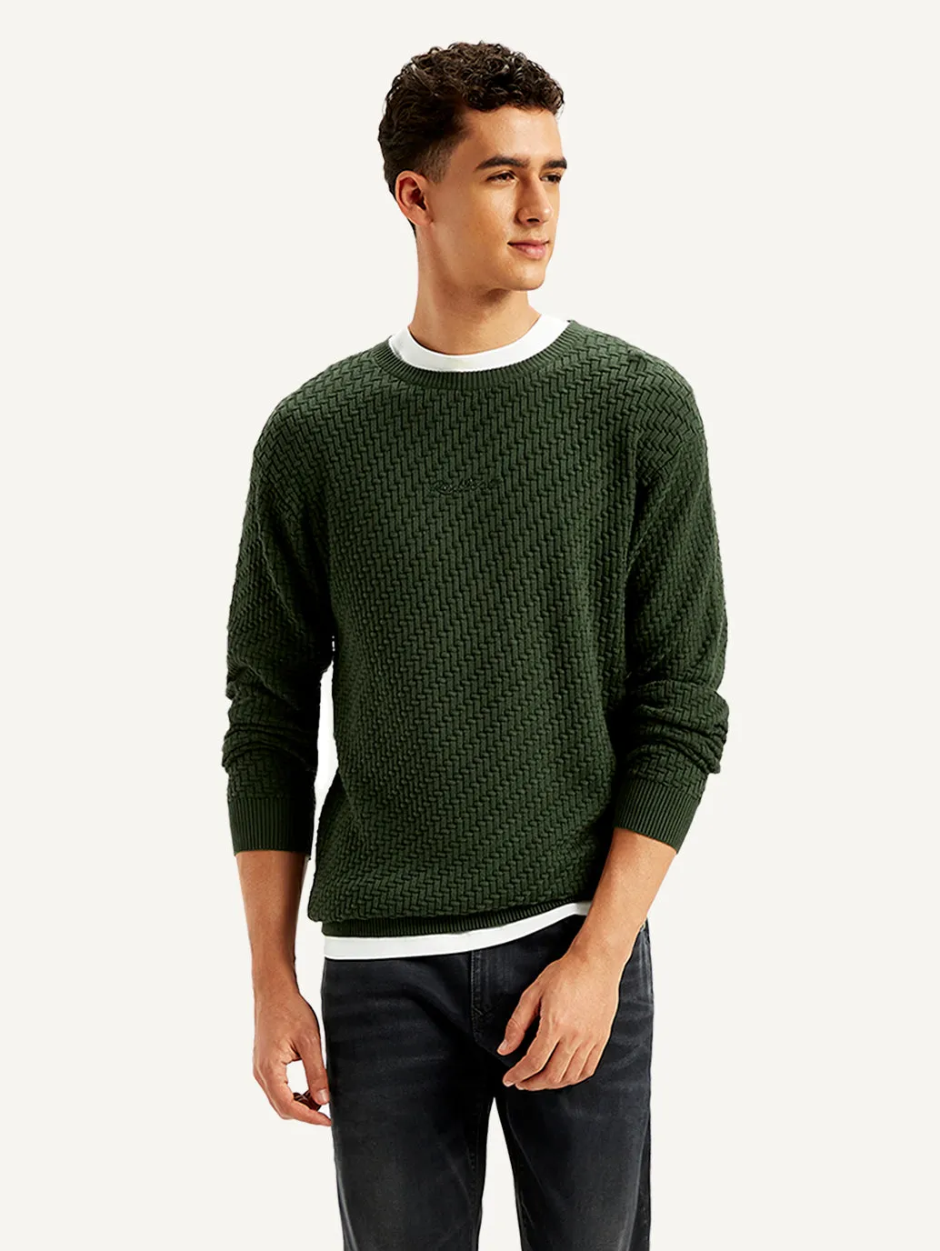 Men's Redloop Textured Olive Crew Neck Sweater EcoFriendly Material Blend Warm Touch