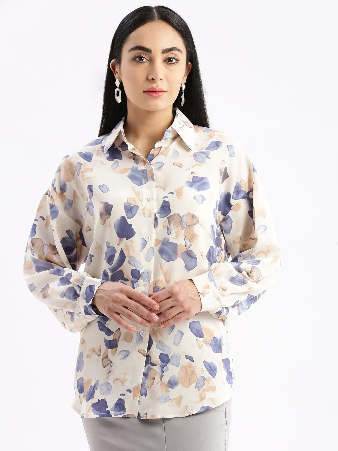 Women's Cream Relaxed Oversized Opaque Printed Casual Shirt Fresh Trend Anti Static Fabric