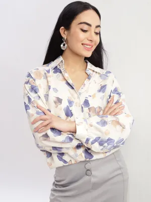 Women's Cream Relaxed Oversized Opaque Printed Casual Shirt Flexible Weave