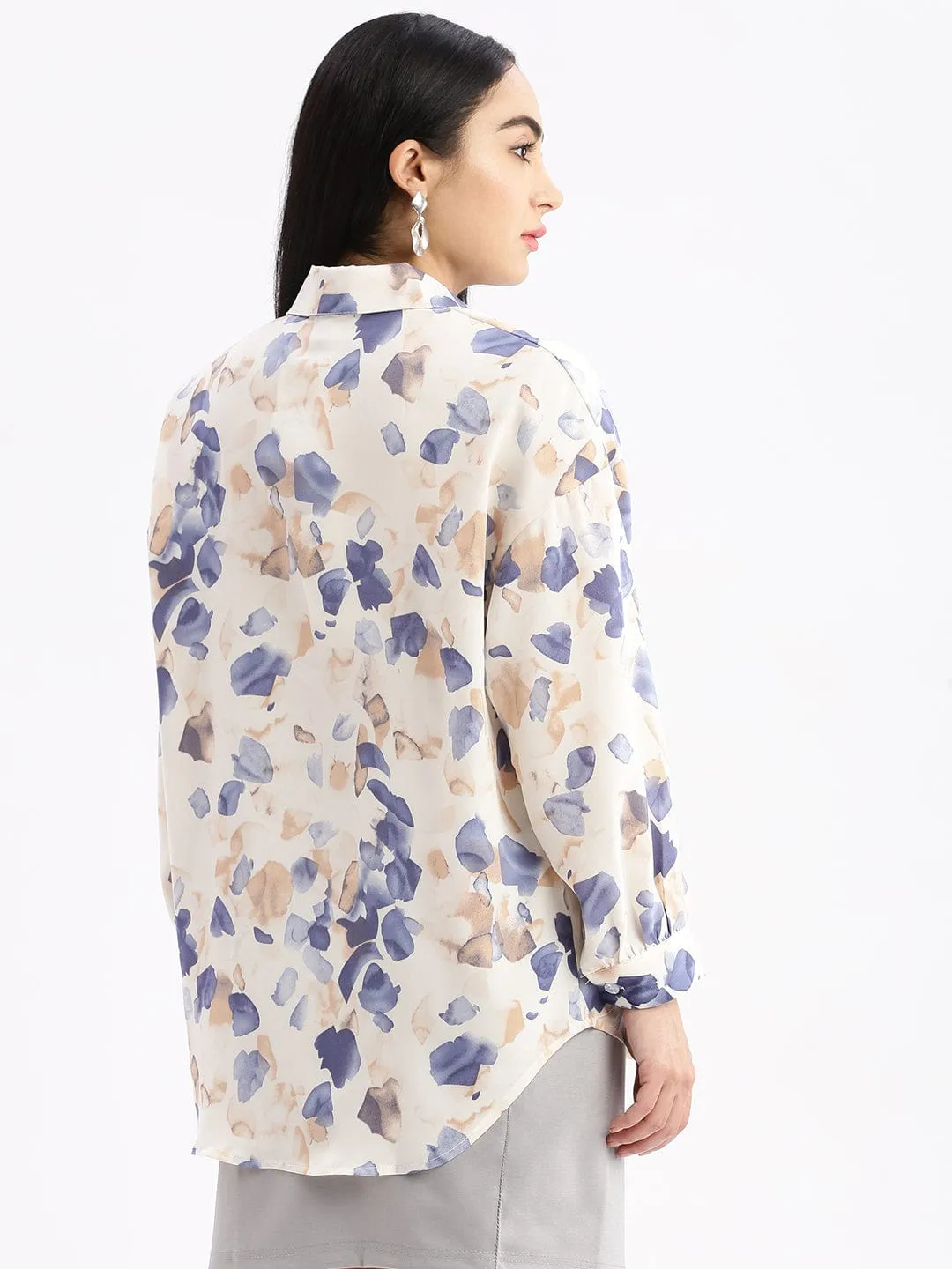 Women's Cream Relaxed Oversized Opaque Printed Casual Shirt AdvancedMoistureManagement
