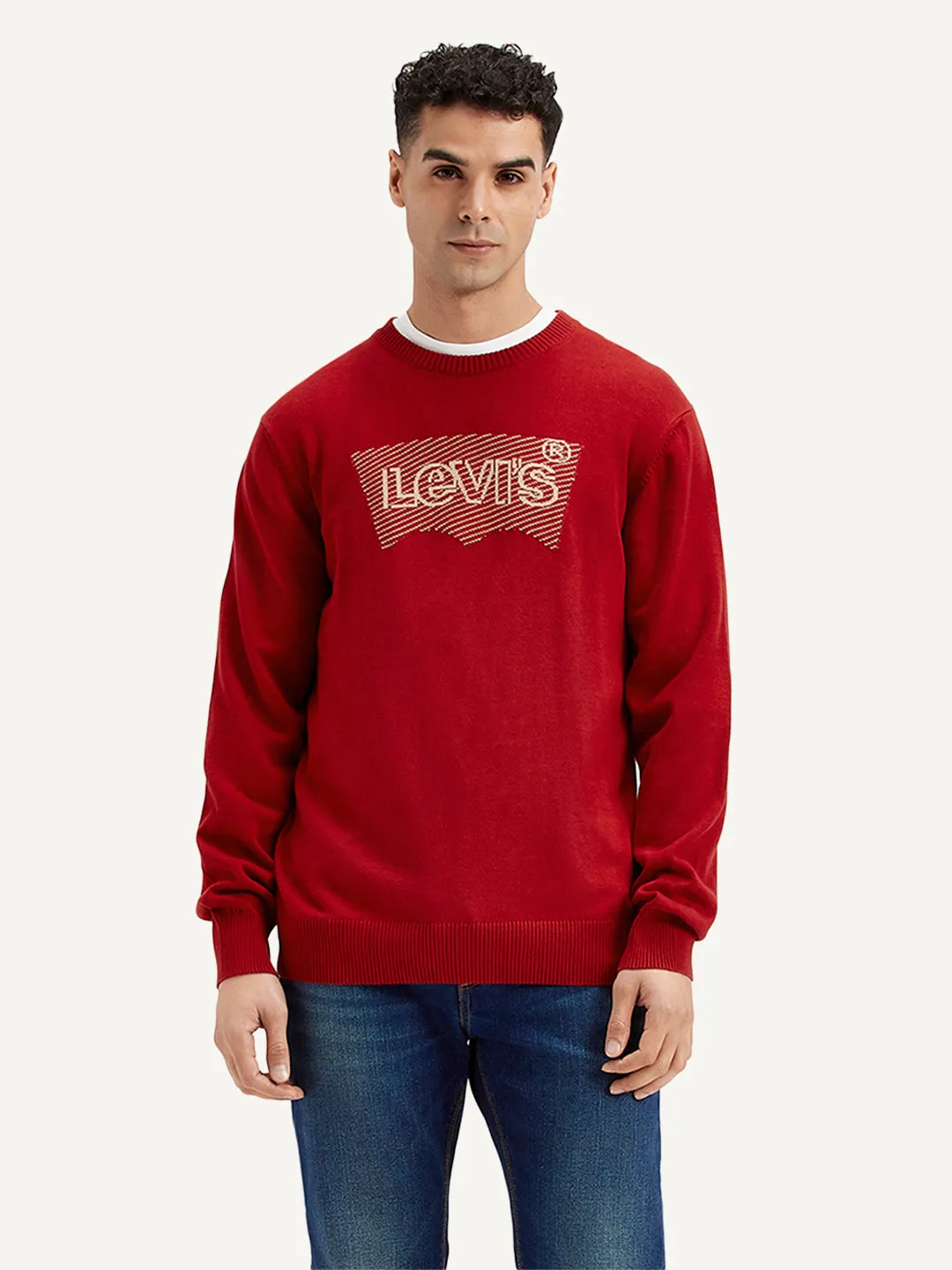 Men's Brand Logo Red Crew Neck Sweater Understated Charm Street Casual