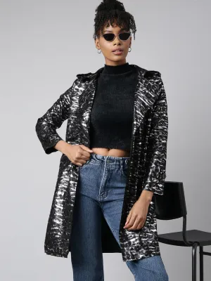 Women's Black Abstract Printed Longline Trench Coat ReinforcedEdging Cold Resist