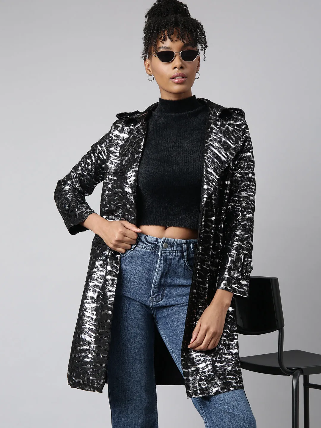 Women's Black Abstract Printed Longline Trench Coat ReinforcedEdging Cold Resist