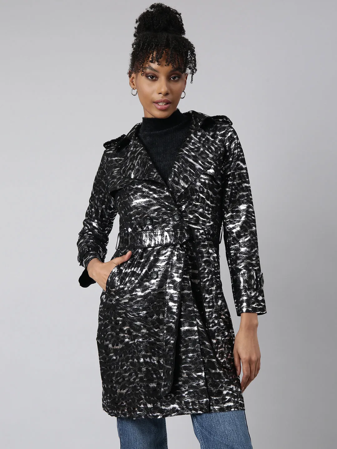 Women's Black Abstract Printed Longline Trench Coat Glow In The Dark Accents Flatlock stitching