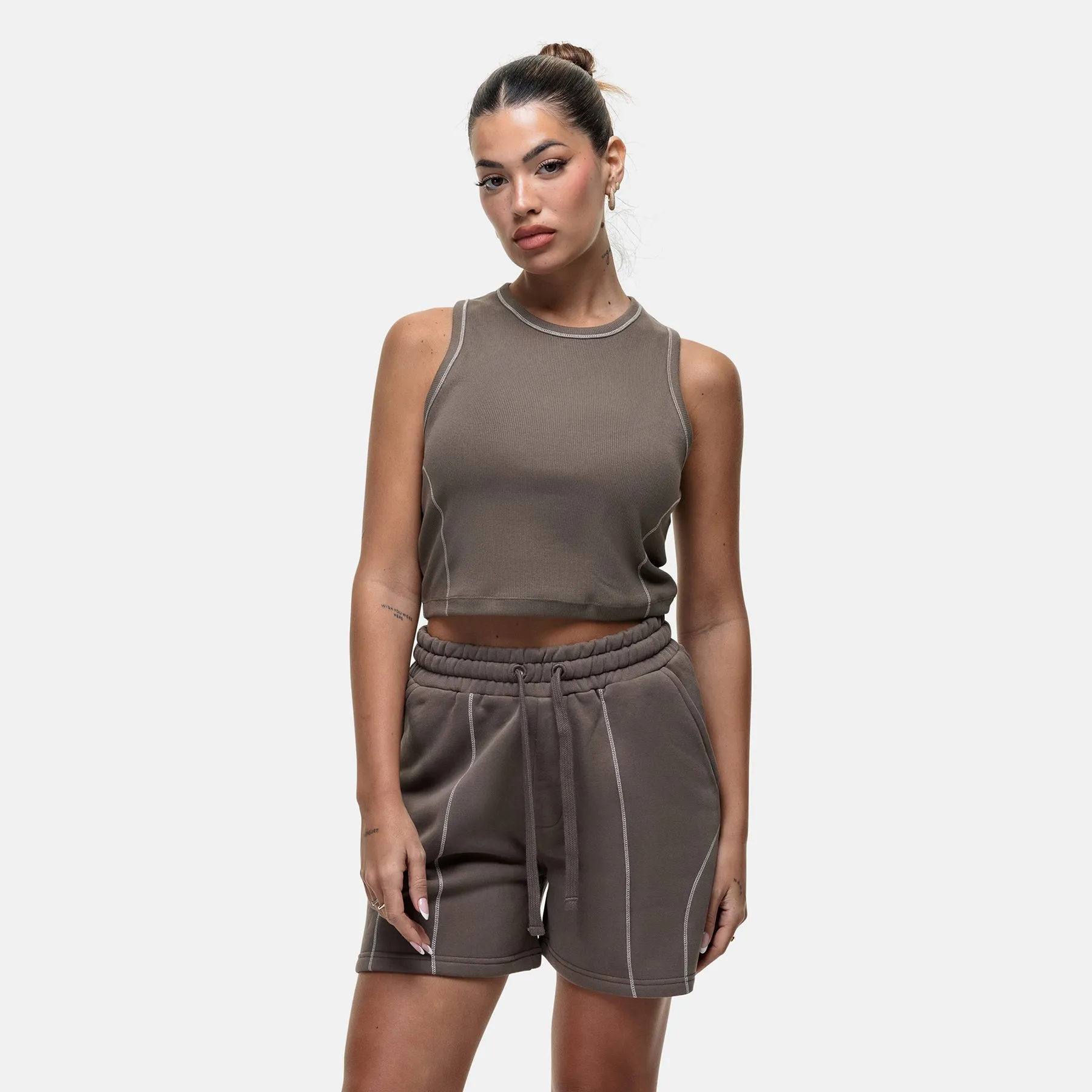 Functional Fashion Overlock Washed Taupe Vest Top