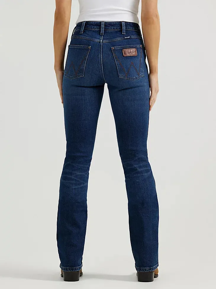 Reinforced Stitching Details Raw Hem Design Wrangler Retro Women's Bailey High Rise Bootcut Jean in Isla