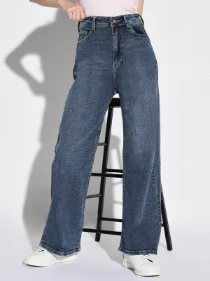 Women's Navy Blue Comfort Wide Leg Acid Wash Denim Jeans Easywear Style
