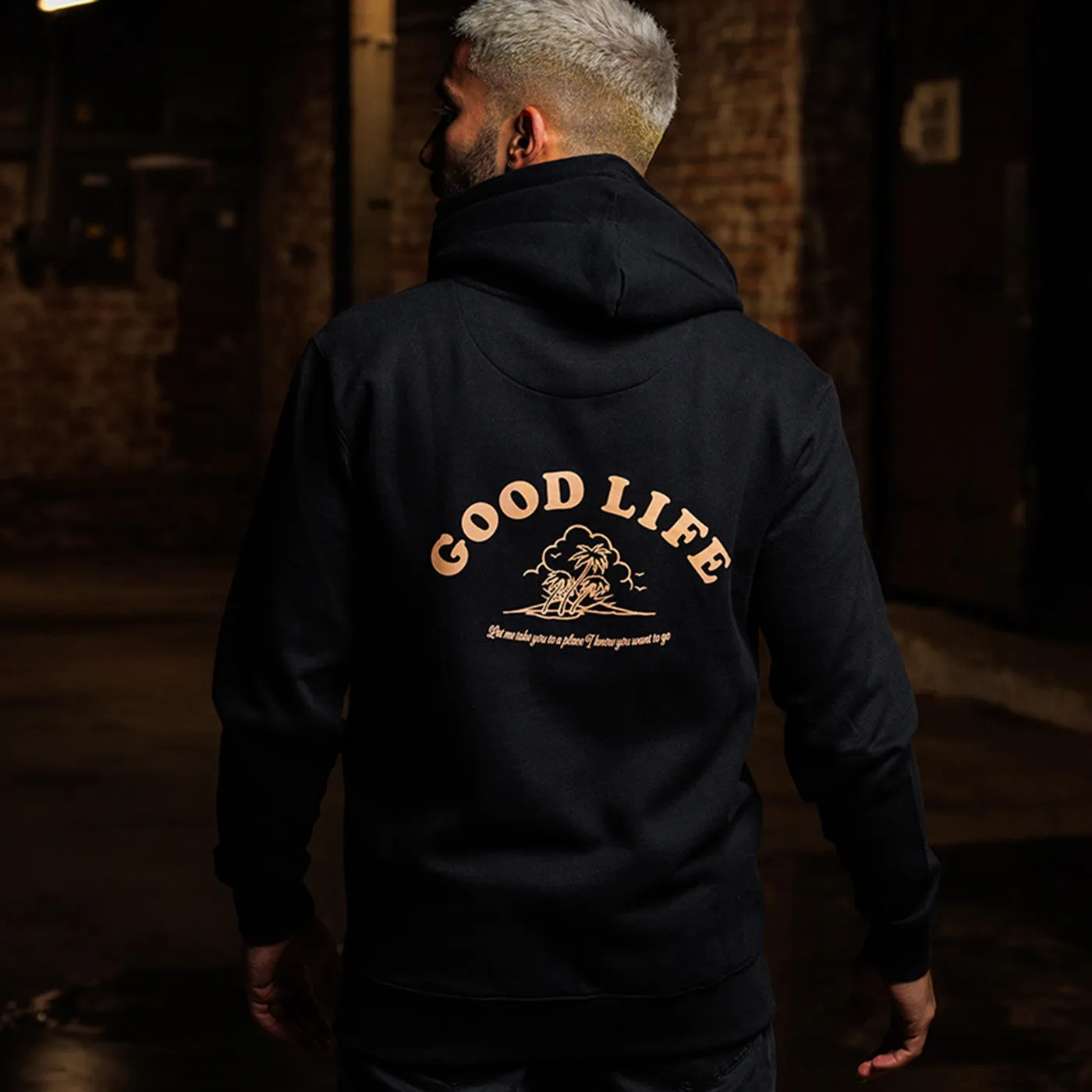 Good Life Back Print - Pullover Hood - Black Unisex Appeal