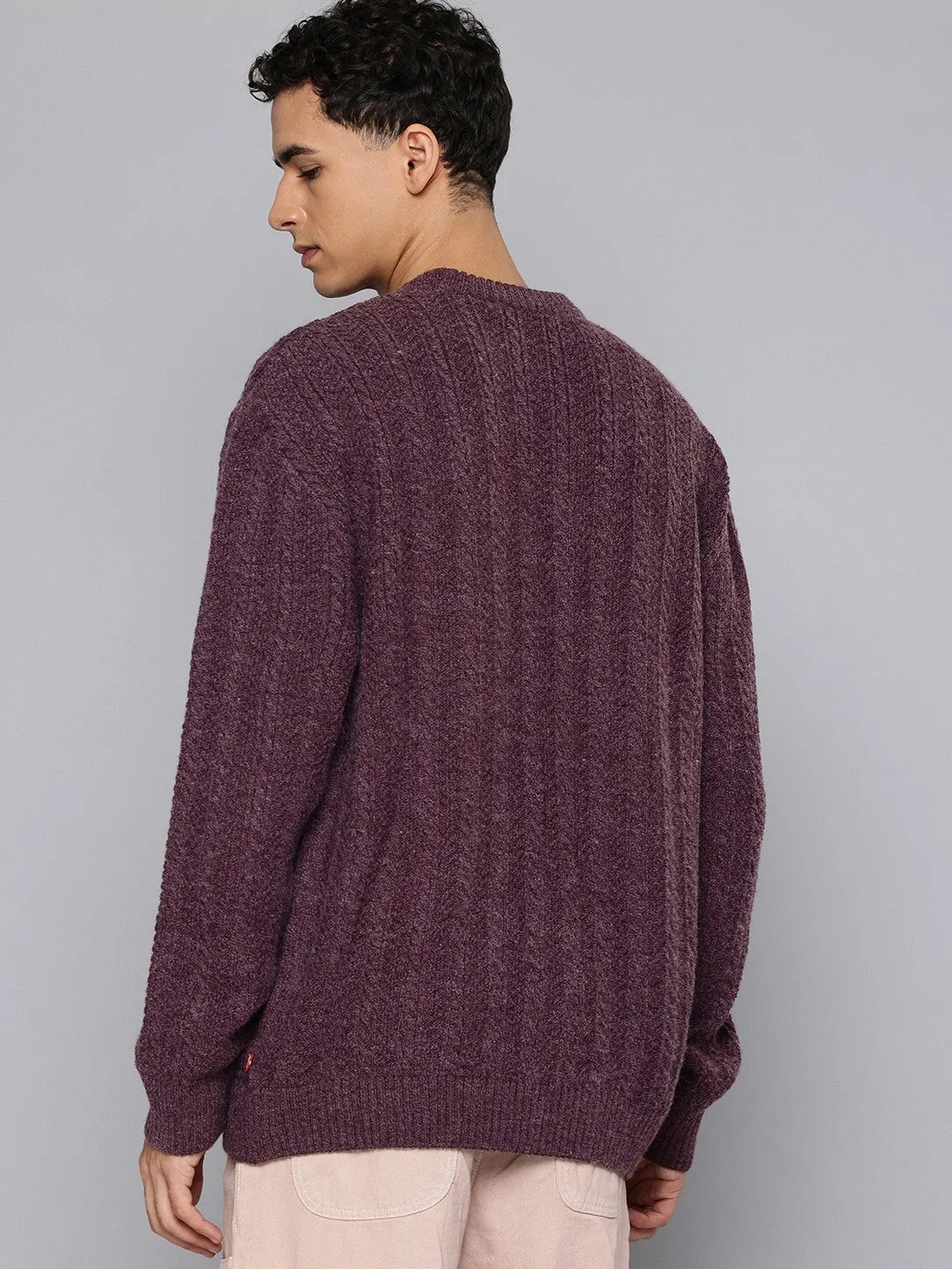 Colorfast Dyed Knit Men's Solid Purple Crew Neck Sweater