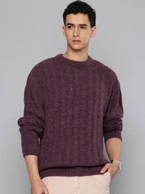 Ribbed Edging Smooth zipper closure Men's Solid Purple Crew Neck Sweater