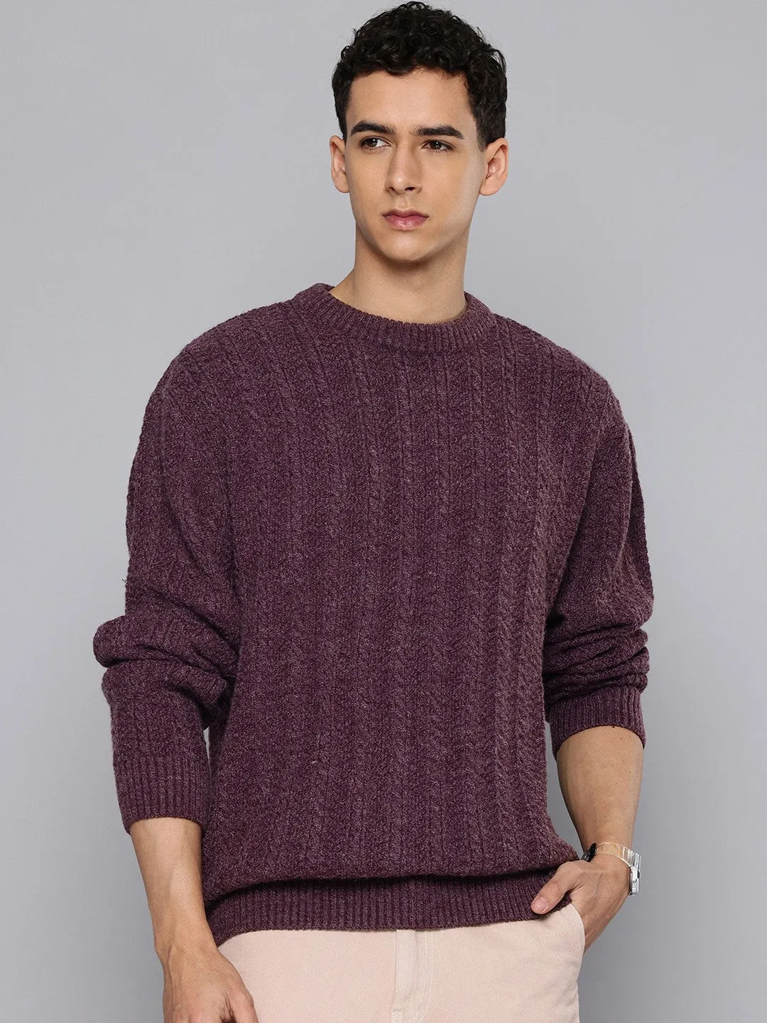 Ribbed Edging Smooth zipper closure Men's Solid Purple Crew Neck Sweater