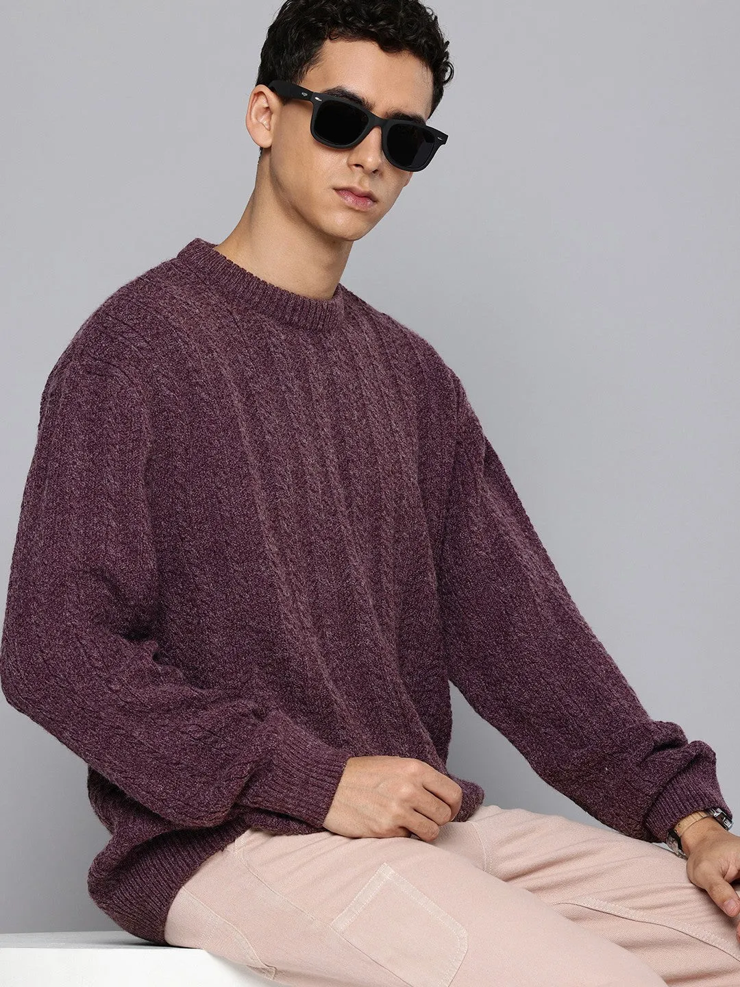 Men's Solid Purple Crew Neck Sweater Office Casual Anti Snag Fabric