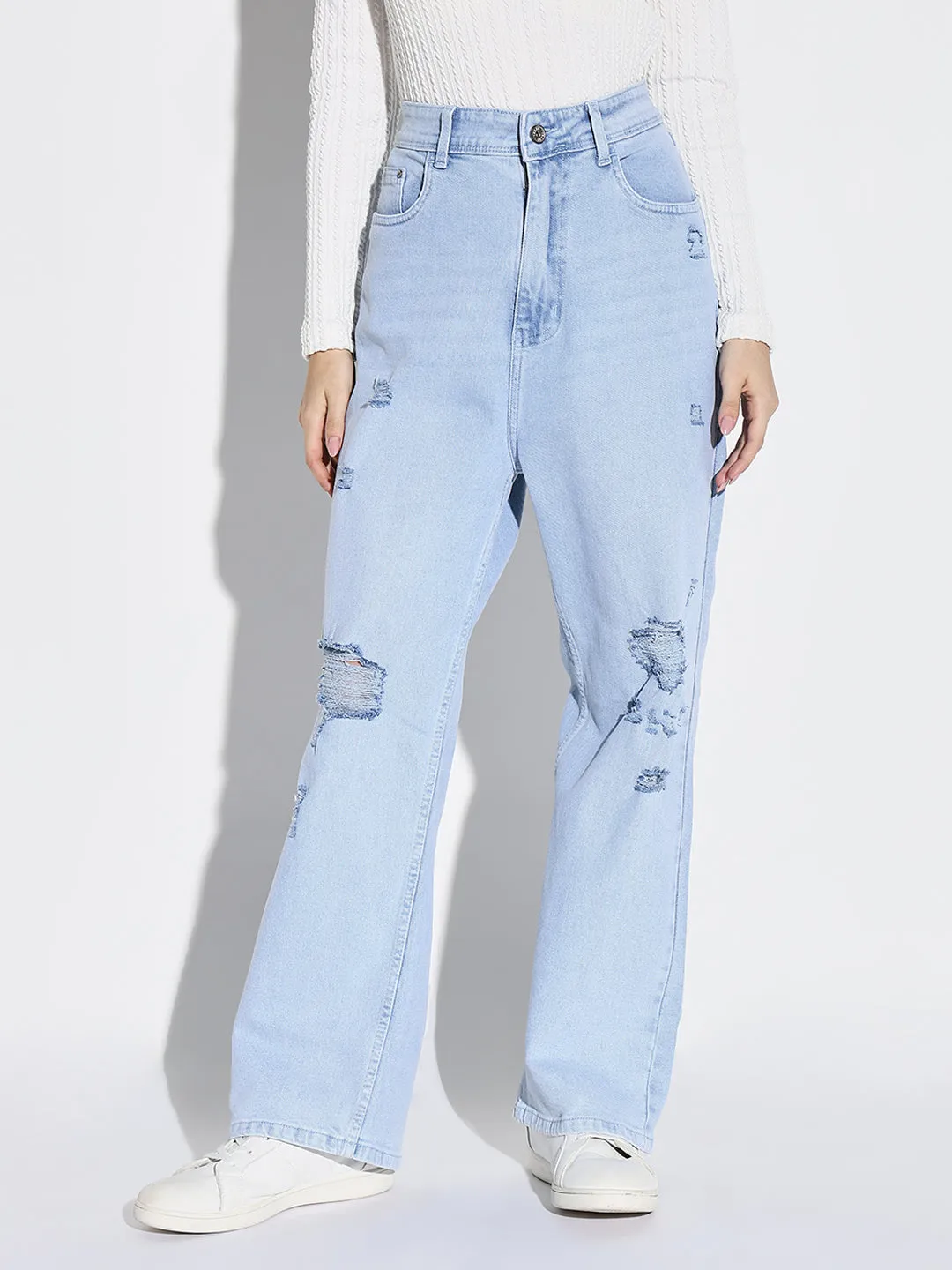 Modern Straight Leg Sleek Waistband Women's Blue Comfort Wide Leg Low Distress Light Fade Acid Wash Stretchable Jeans