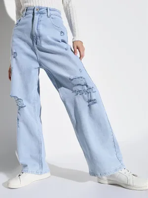 Women's Blue Comfort Wide Leg Low Distress Light Fade Acid Wash Stretchable Jeans Parent Style Trendy Breathable Active Lifestyle