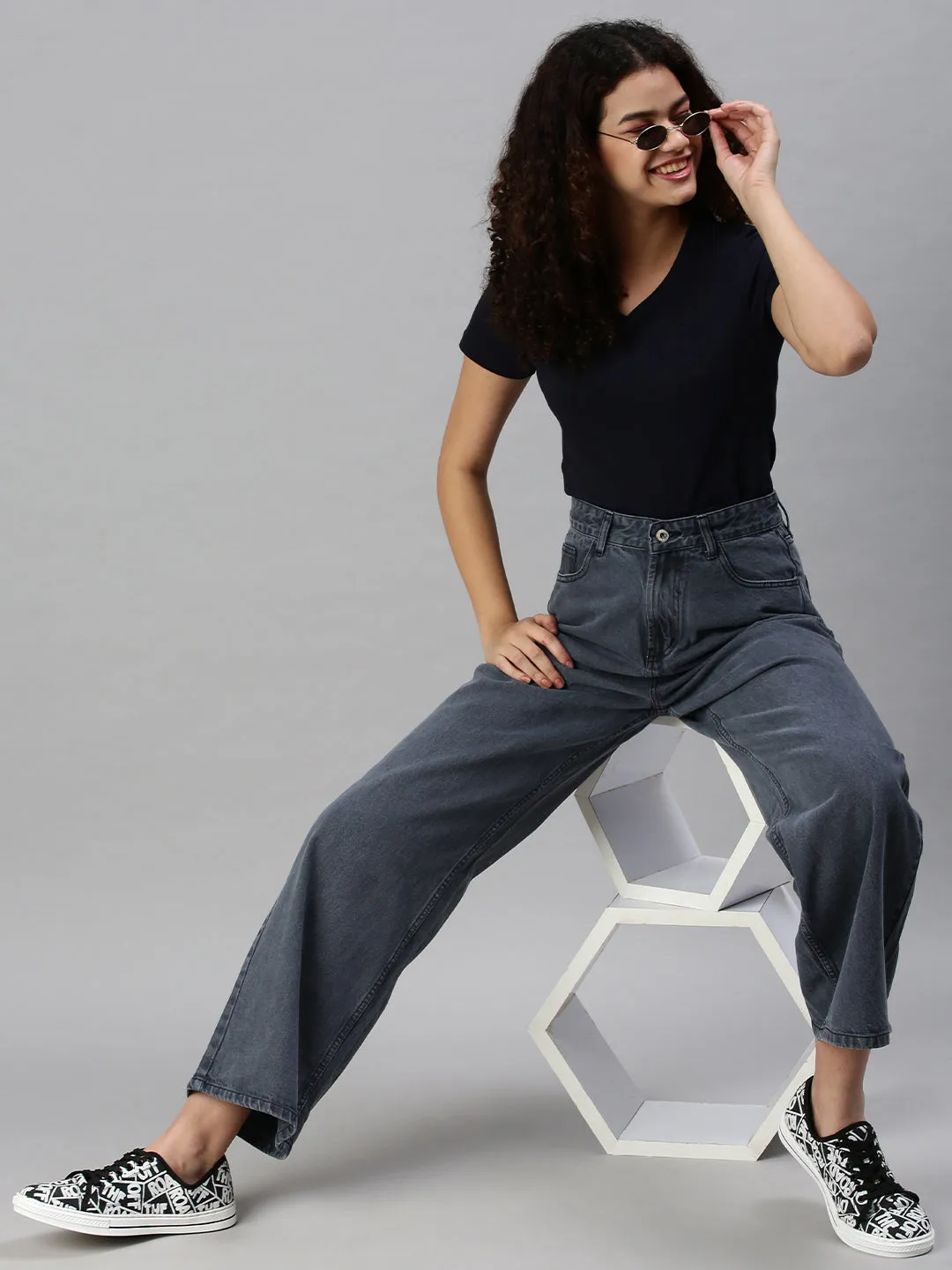 Clean Silhouette Women's Blue Wide Leg High-Rise Clean Look Cotton Jeans