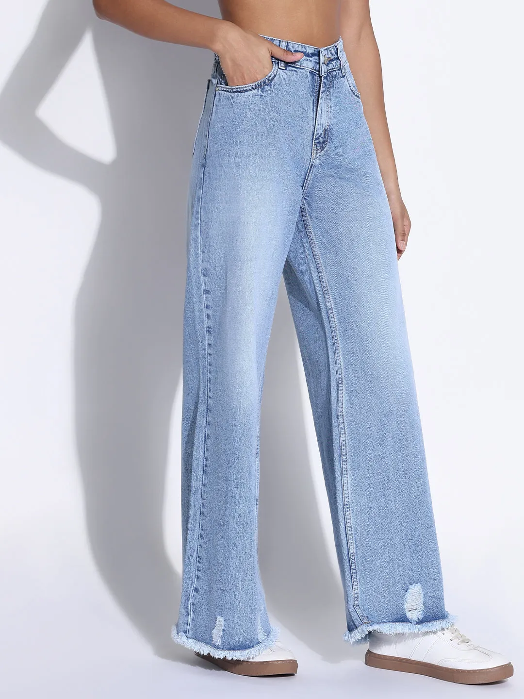 Relaxed Cut Adjustable Belt Loops Women's Solid Blue Ripped Wide Leg Jeans