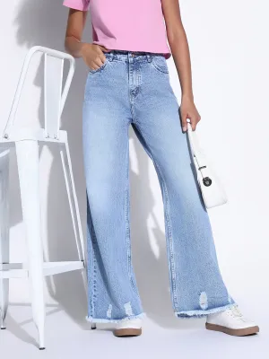 Color Lock Technology Comfy Wear Women's Solid Blue Ripped Wide Leg Jeans