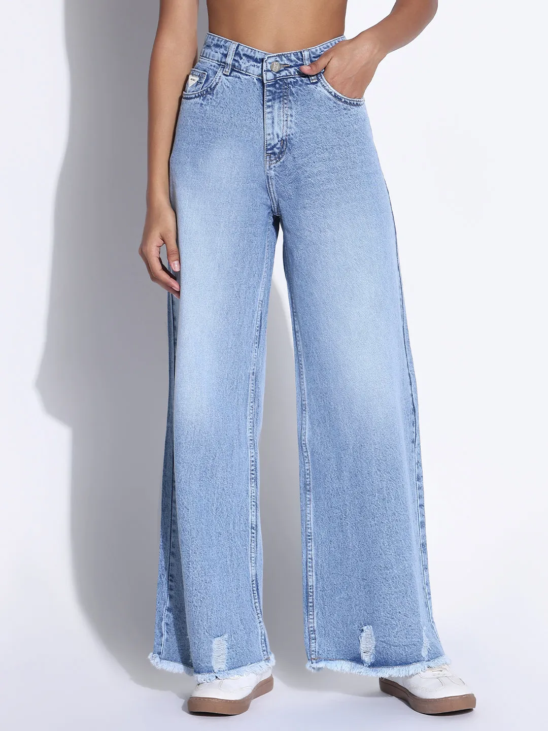 Durable Hardware Women's Solid Blue Ripped Wide Leg Jeans