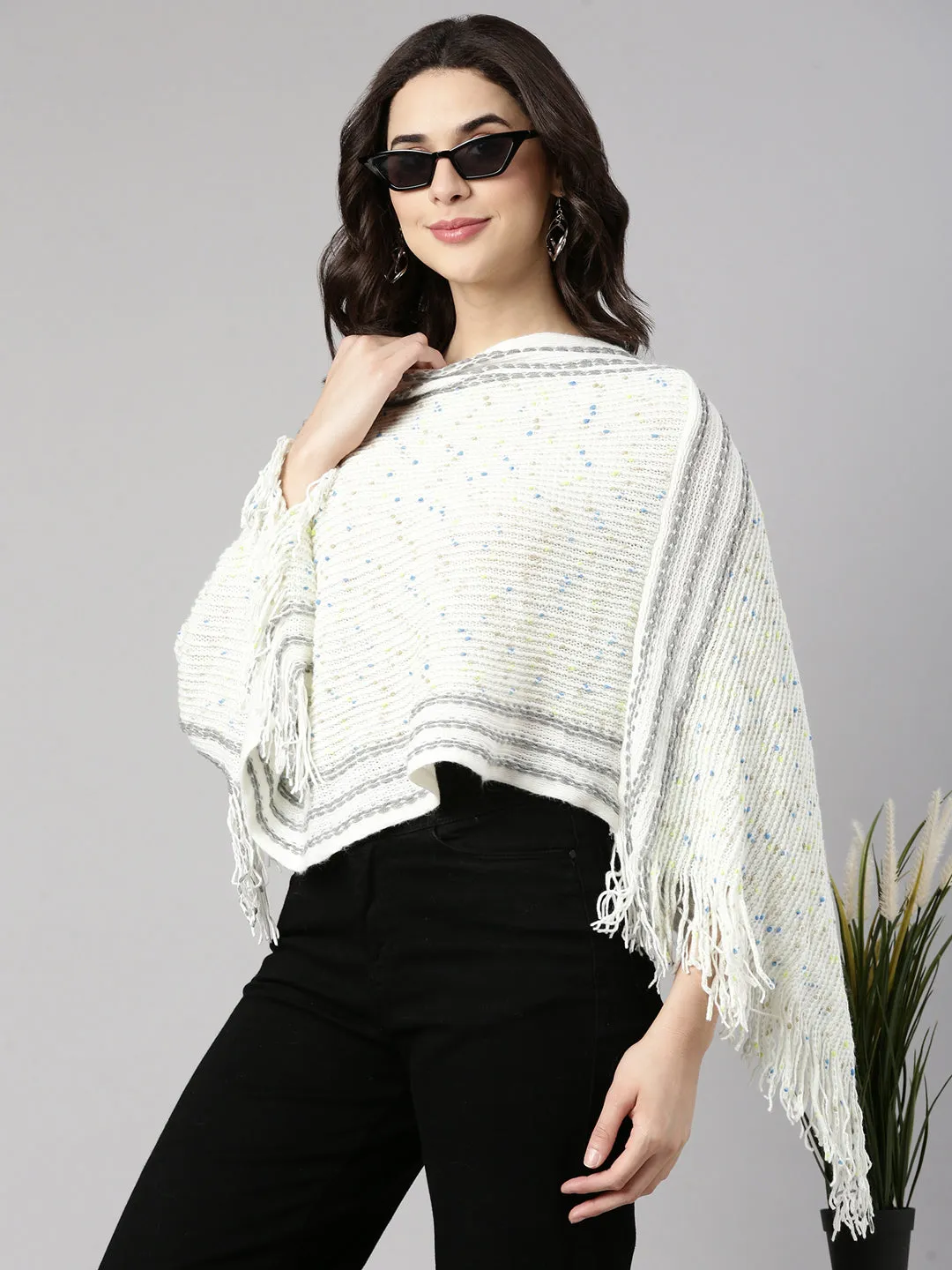 Women's Solid White Poncho Reflective Yarn Accent Crisp Design