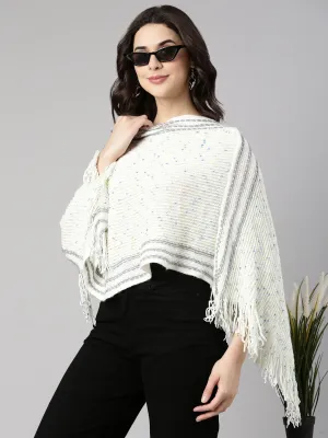 Women's Solid White Poncho Reflective Yarn Accent Crisp Design