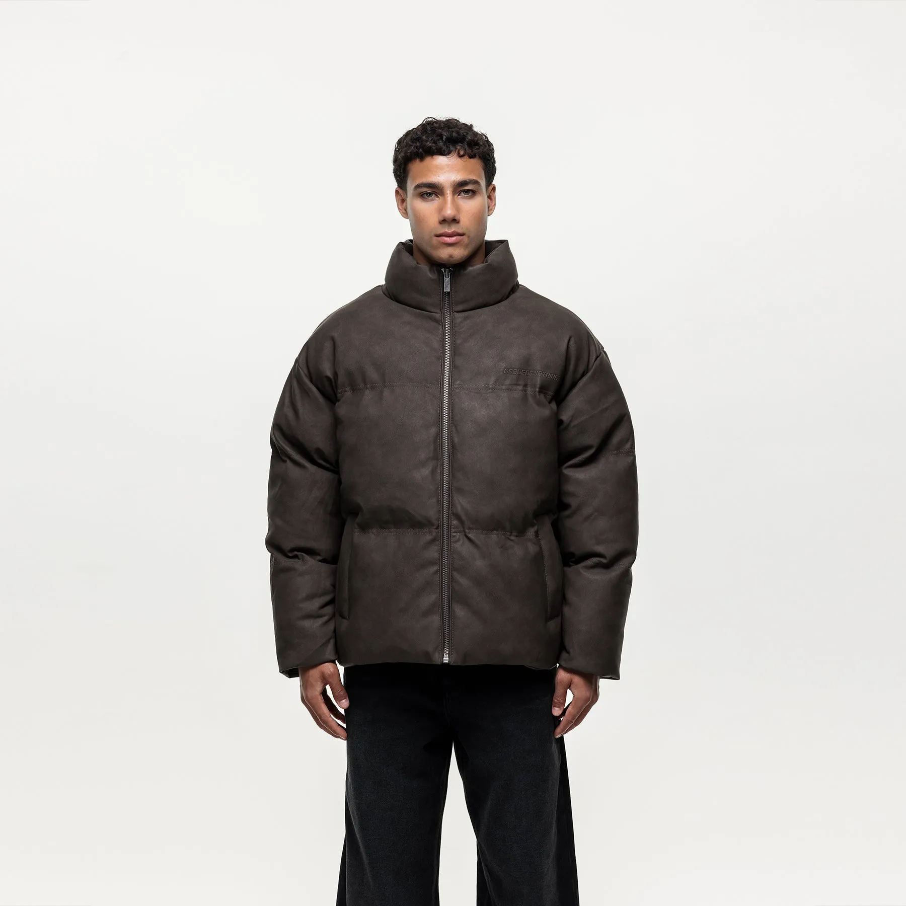 Vintage Brown Leather Puffer Coat Magnetic Closure System Lightweight Feel