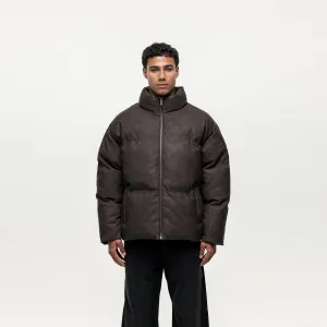 Vintage Brown Leather Puffer Coat Magnetic Closure System Lightweight Feel