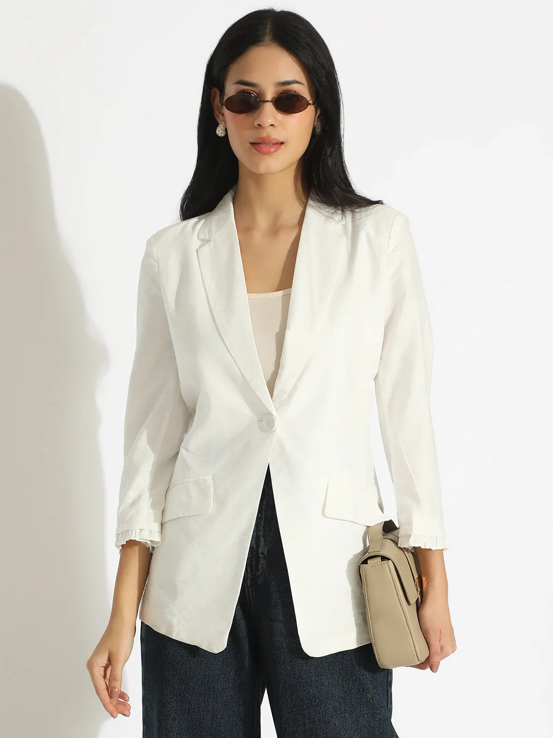 Women's White Single-Breasted Blazer with 3/4 Sleeve and Ruched Cuff Fire Retardant Treated Fabric Tagless Neckline Design
