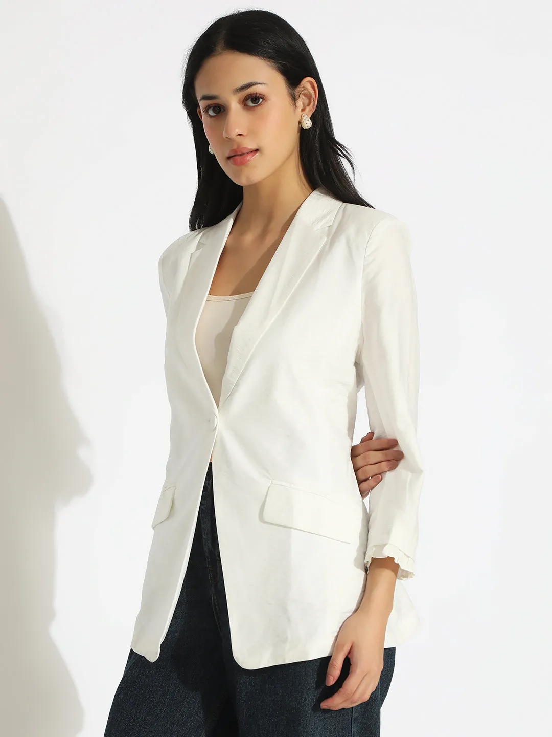 Taped Seam Technology Reflective Detailing Women's White Single-Breasted Blazer with 3/4 Sleeve and Ruched Cuff