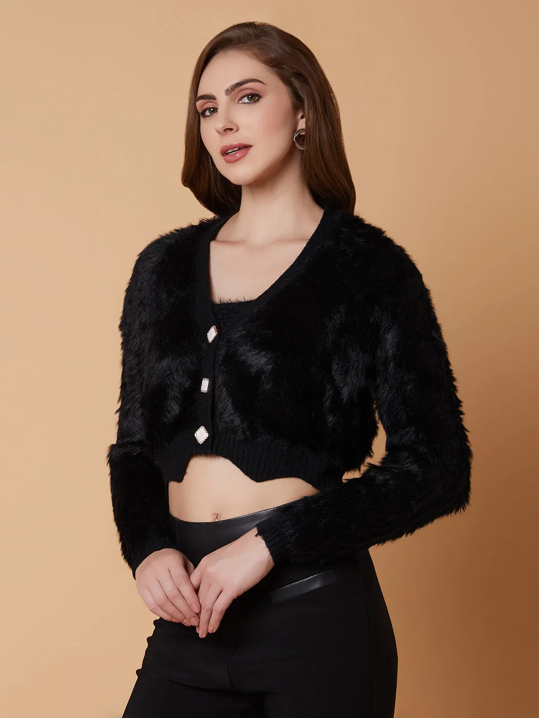 Dimensional Stability Women's Solid Black Crop Cardigan with Inner Slip