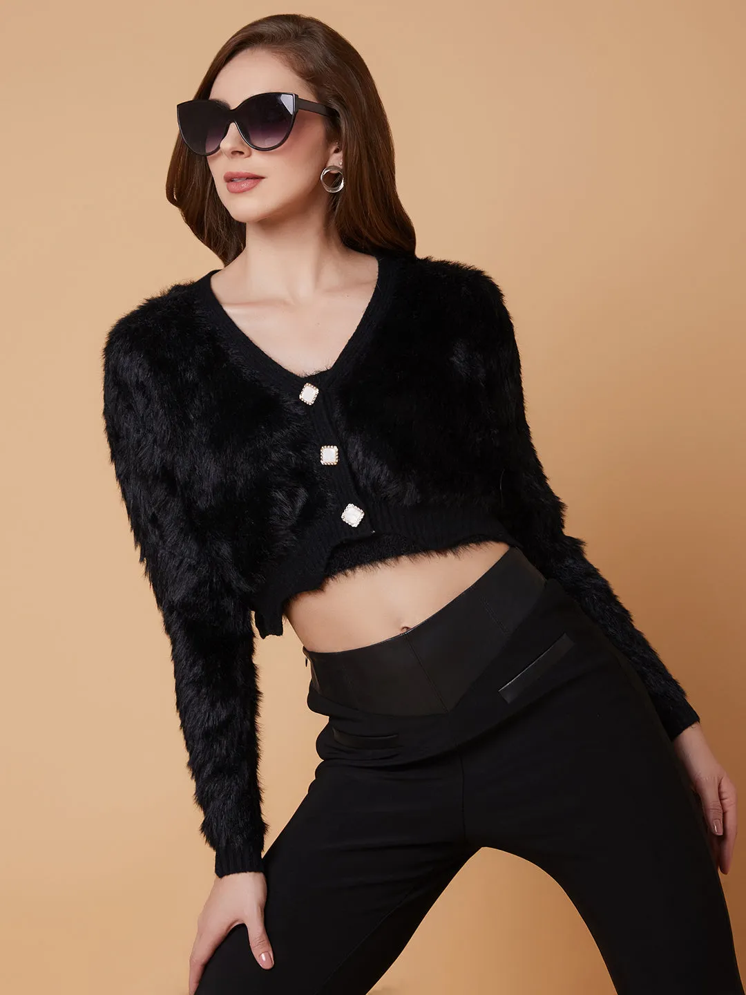 Tubular Knit Structure Women's Solid Black Crop Cardigan with Inner Slip
