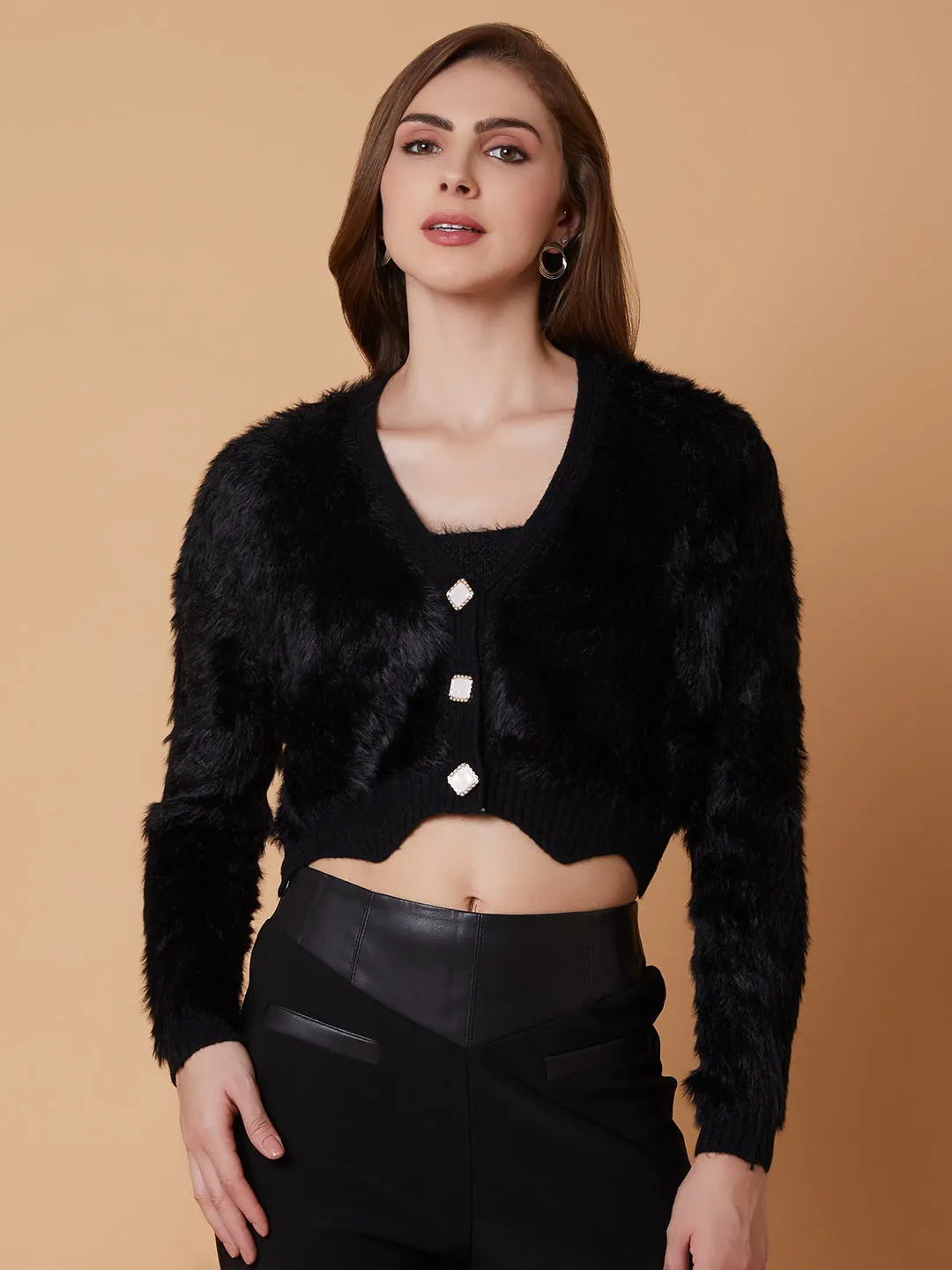Women's Solid Black Crop Cardigan with Inner Slip Weekend Vibes Winter Comfort