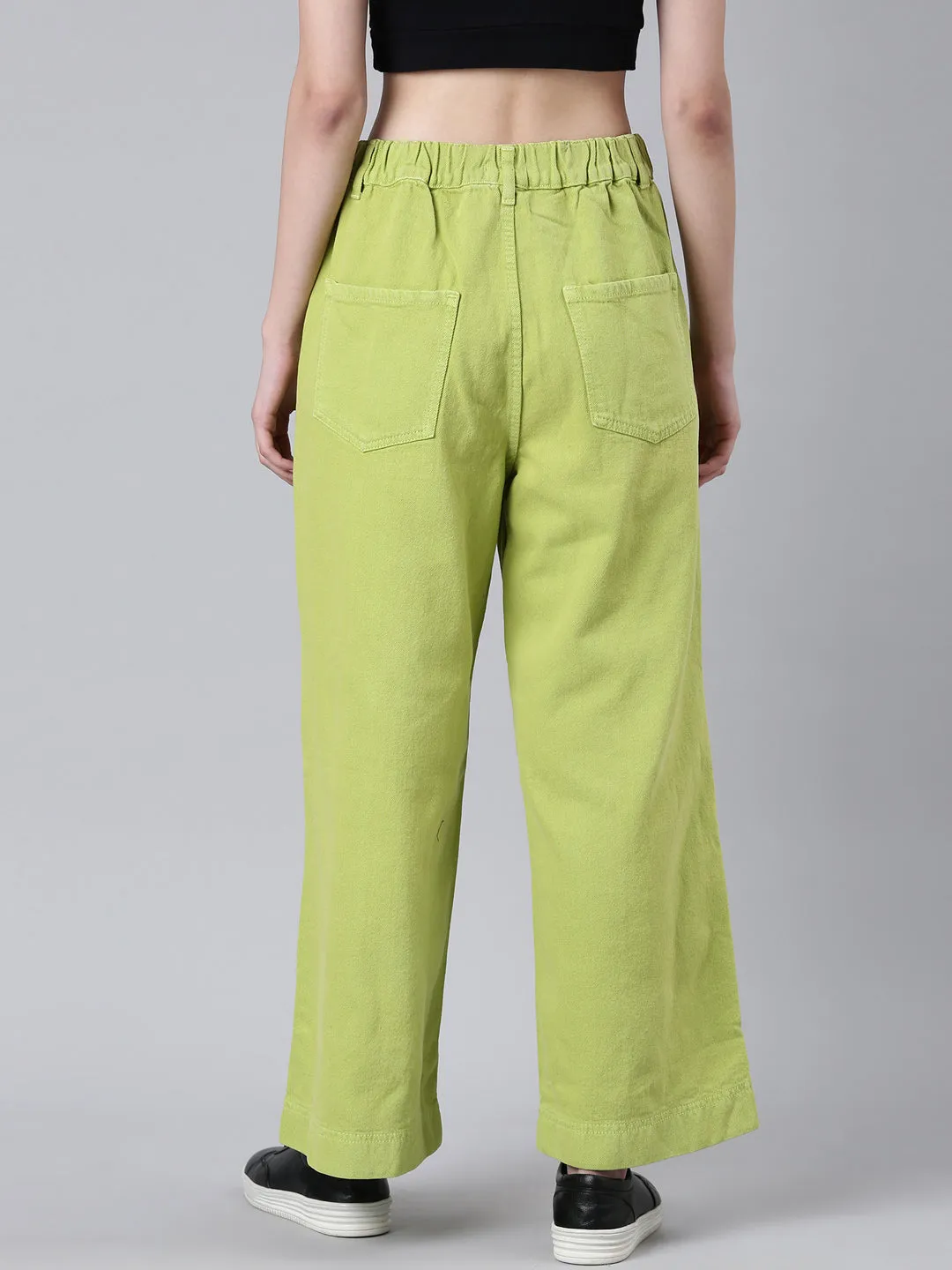 Sleek Waistband Women's Lime Green Mid Rise Wide Leg Denim Jeans