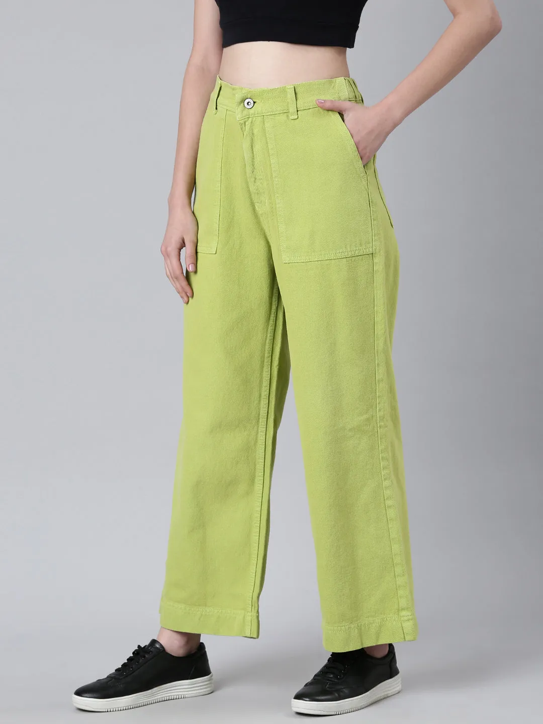 Outfit Routine Flexible Style Women's Lime Green Mid Rise Wide Leg Denim Jeans