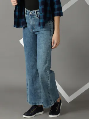 Women's Blue Wide Leg High-Rise Stretchable Jeans Reliable Basic Relaxed Design Style