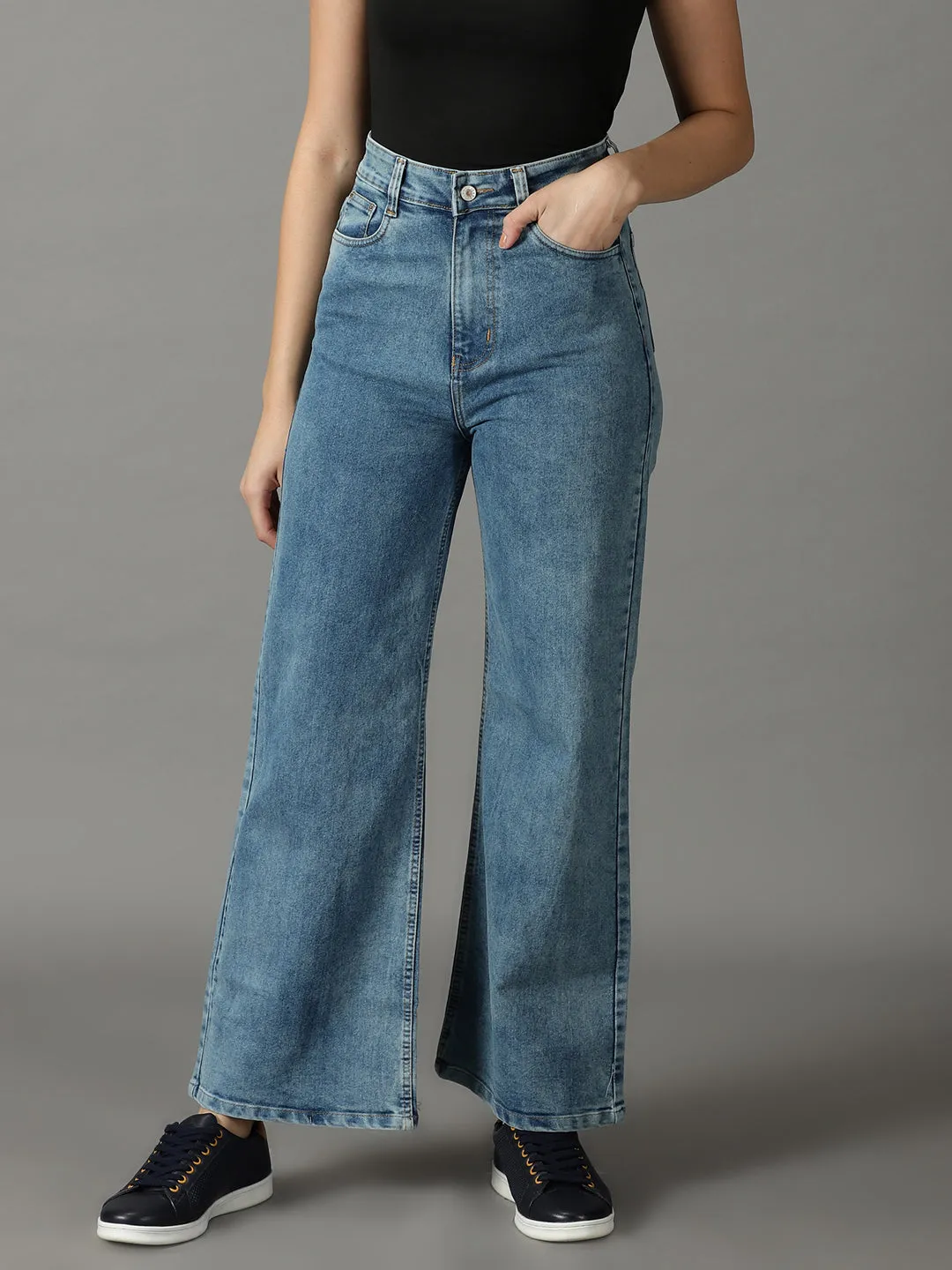 Women's Blue Wide Leg High-Rise Stretchable Jeans Straight Leg Design Relaxed Style Smart Casual Minimalist Style