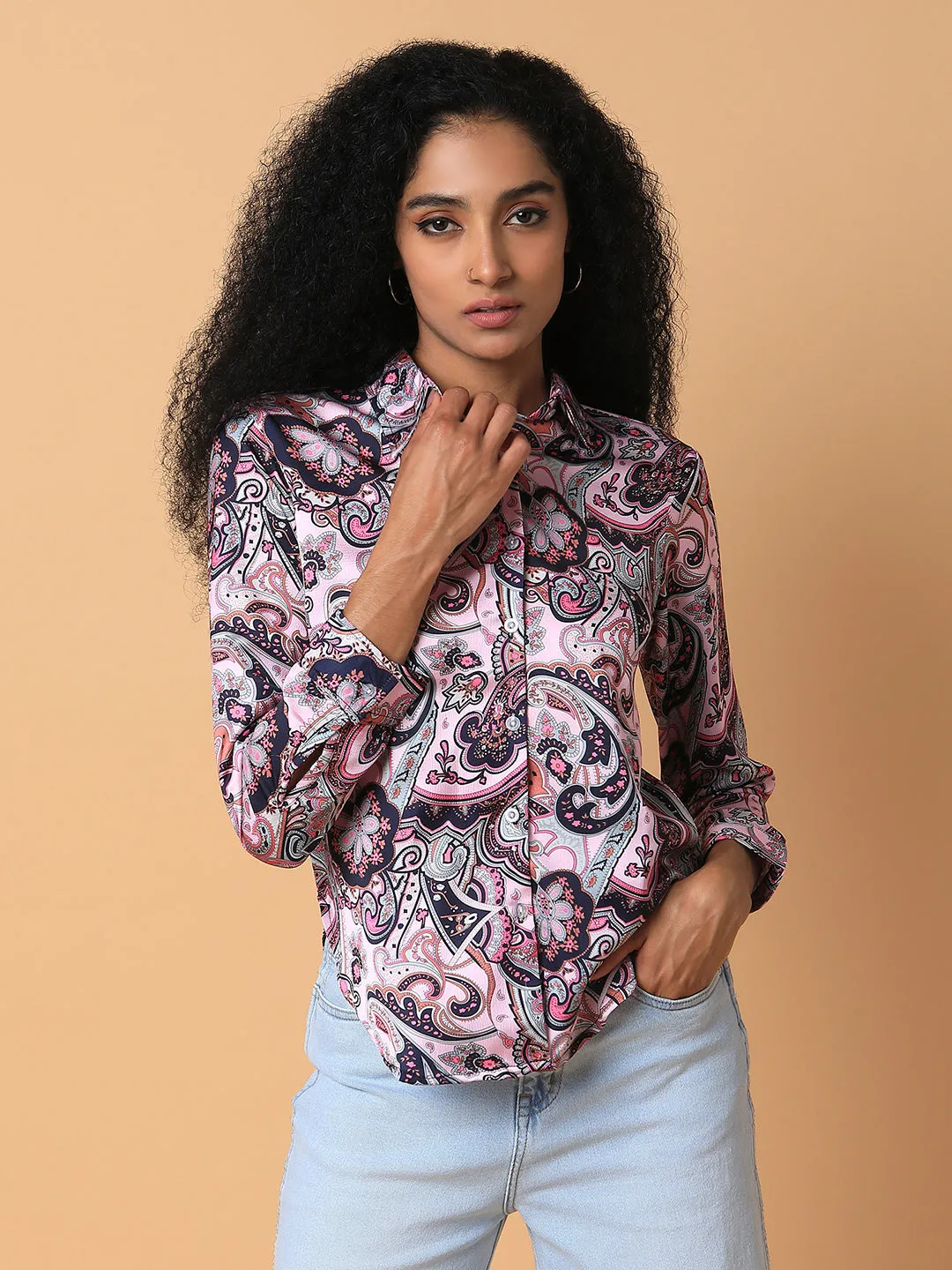 Perfect for Travel Sleek Comfort Women's Pink Standard Slim Fit Opaque Printed Casual Shirt