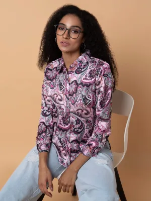 Non Fading Material Women's Pink Standard Slim Fit Opaque Printed Casual Shirt
