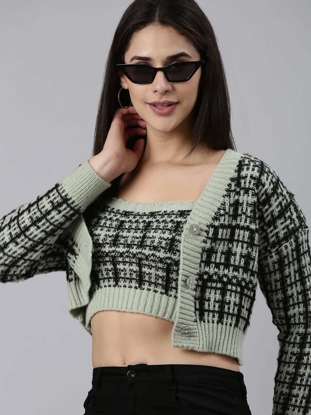 Unstructured Fit Autumn Fashion Women's Sea Green Checked Woollen Crop Cardigan