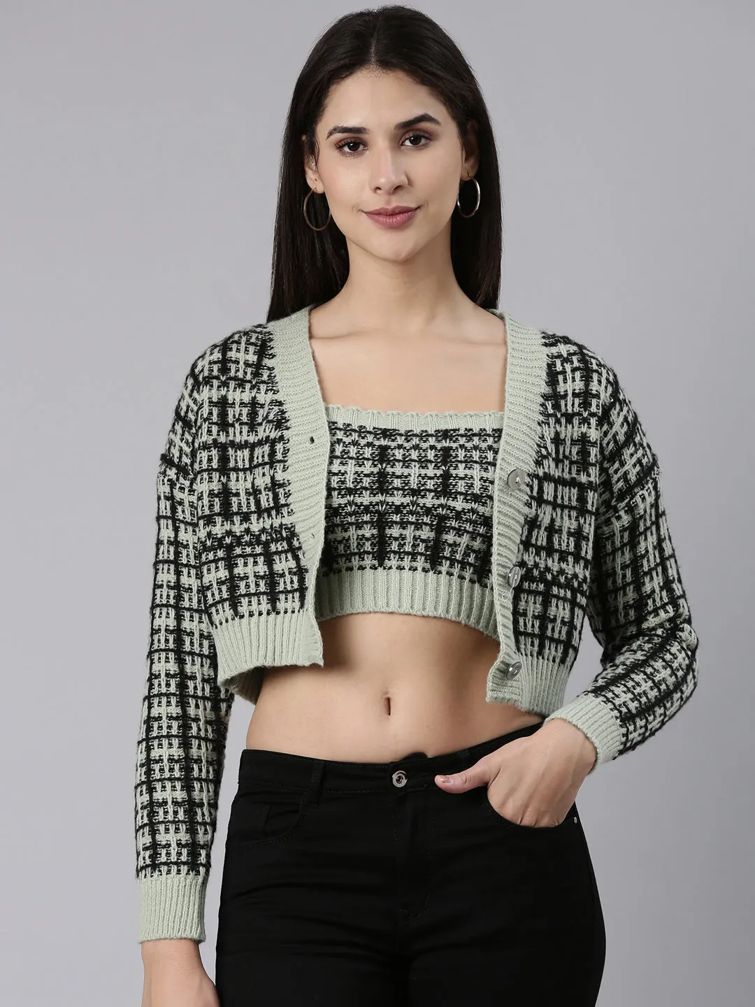 Women's Sea Green Checked Woollen Crop Cardigan SnagResistant Surface Moisture Management System