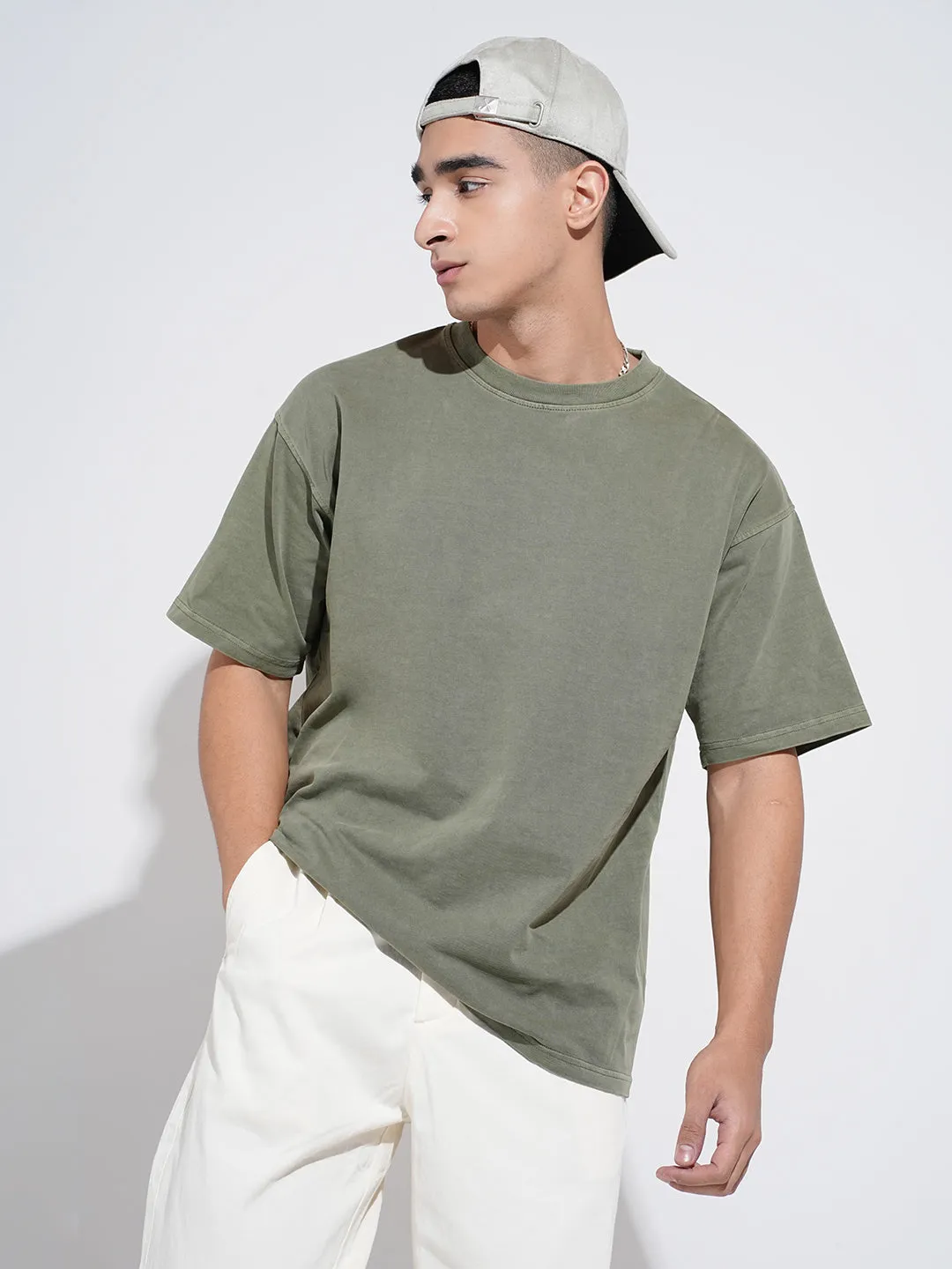 Neutral Color Casual Vibe Wear Men's Olive Short Sleeves Round Neck Oversized T-Shirt