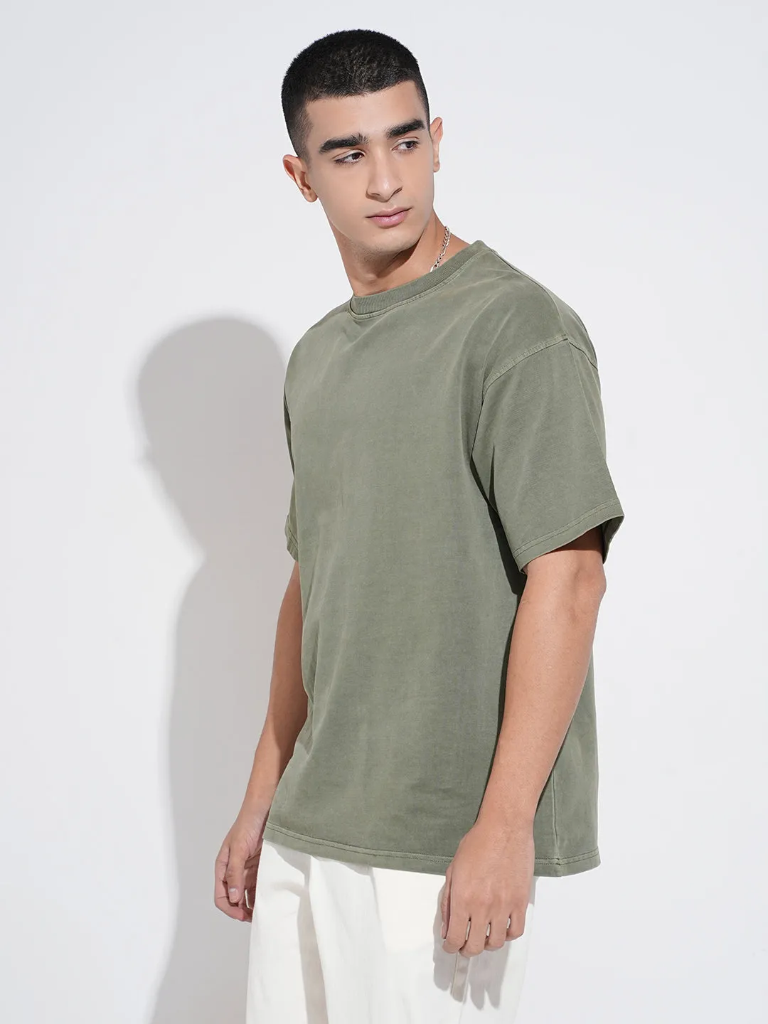 Breathable Fit Soft Waistband Men's Olive Short Sleeves Round Neck Oversized T-Shirt