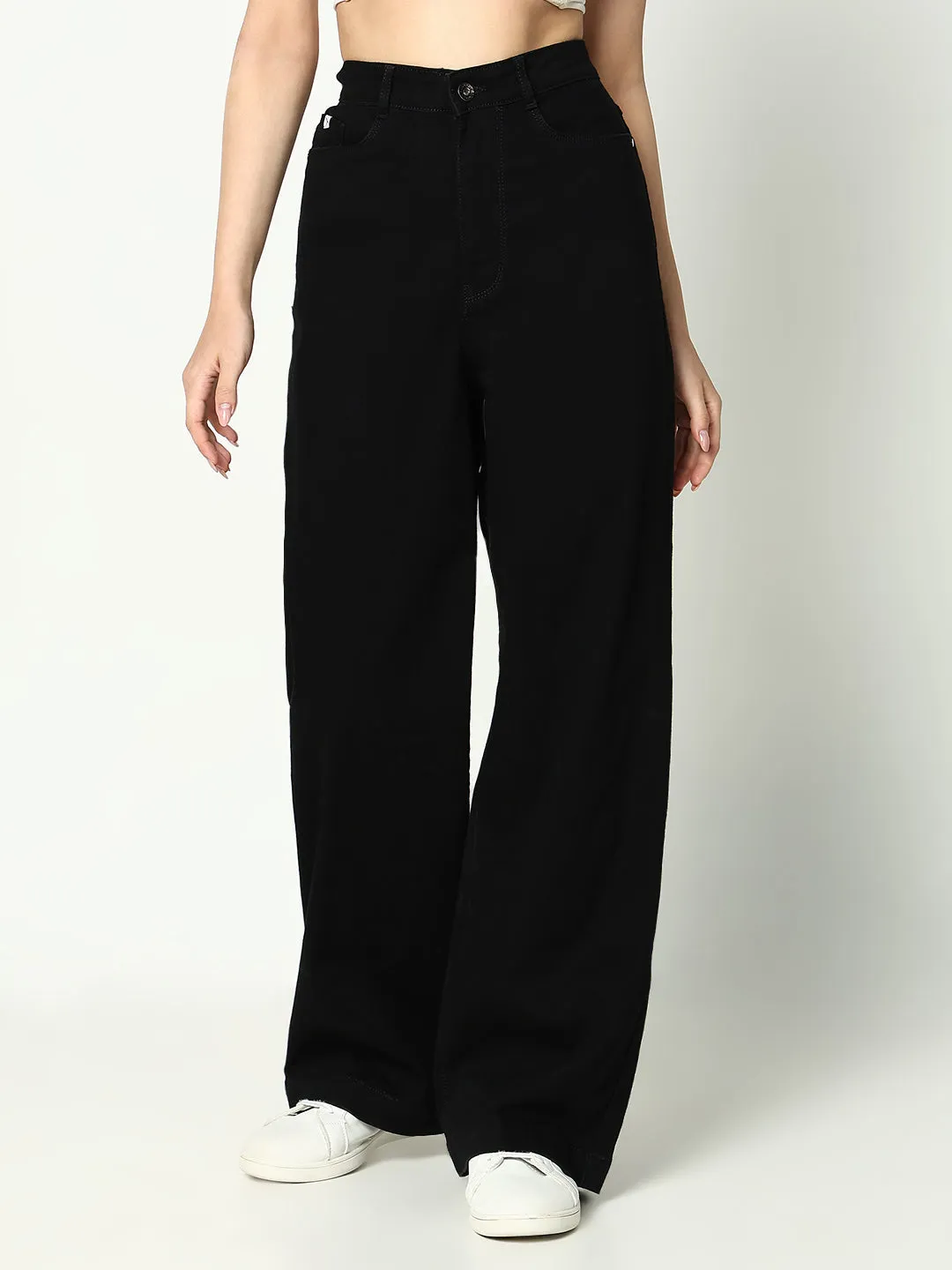 Women's Black Cotton Comfort Wide Leg Mid-Rise Jeans Work Ready Earthy