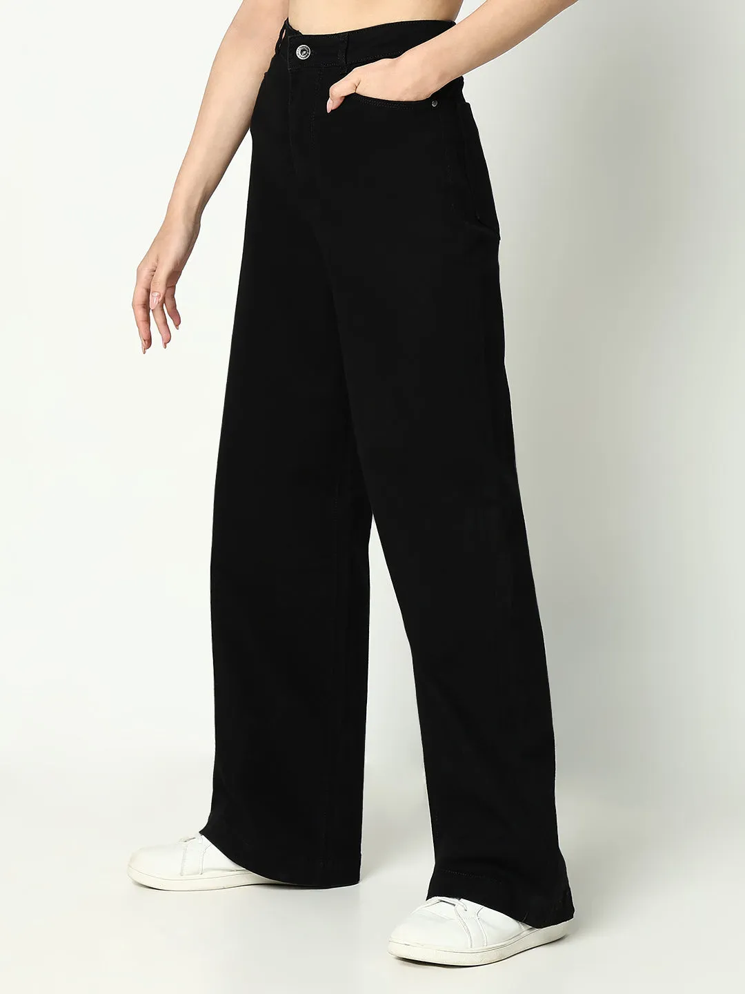 Versatile Outfit Perfect Length Design Women's Black Cotton Comfort Wide Leg Mid-Rise Jeans