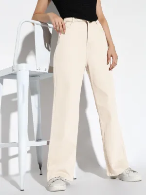 Distressed Detailing Style Layer Women's Cream Wide Leg Denim Jeans