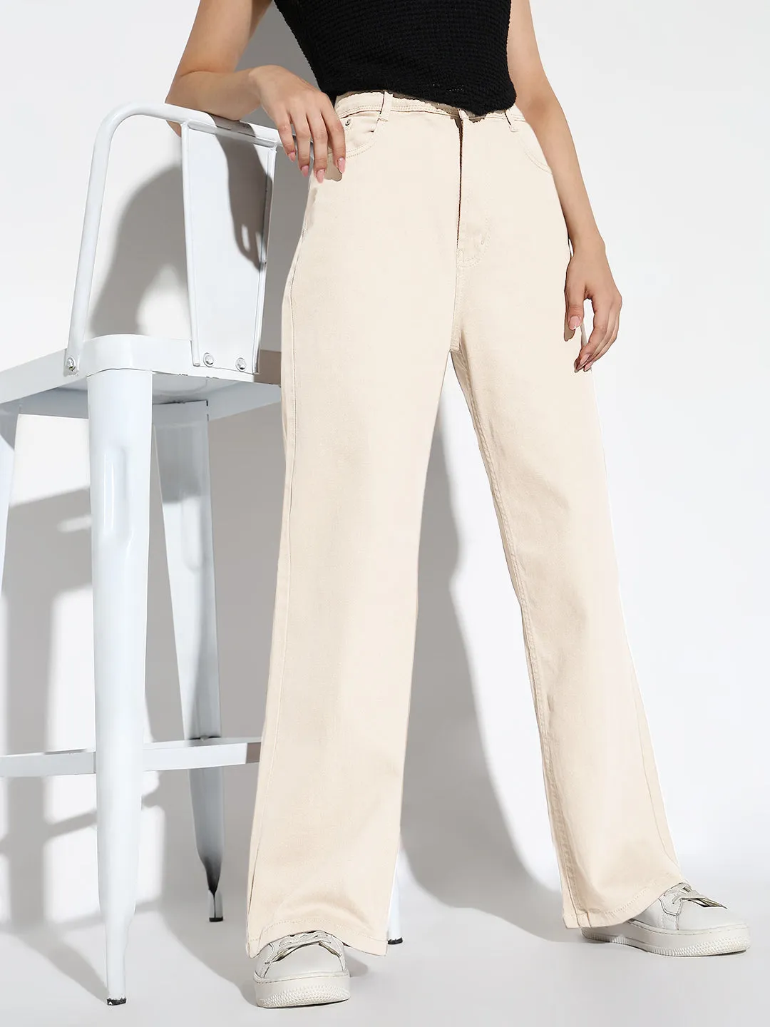 Distressed Detailing Style Layer Women's Cream Wide Leg Denim Jeans