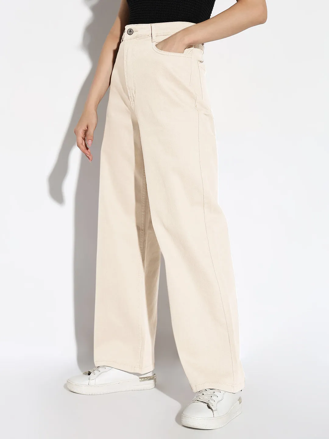 Beach Day Holiday Vibes Sandblasted Finish Women's Cream Wide Leg Denim Jeans