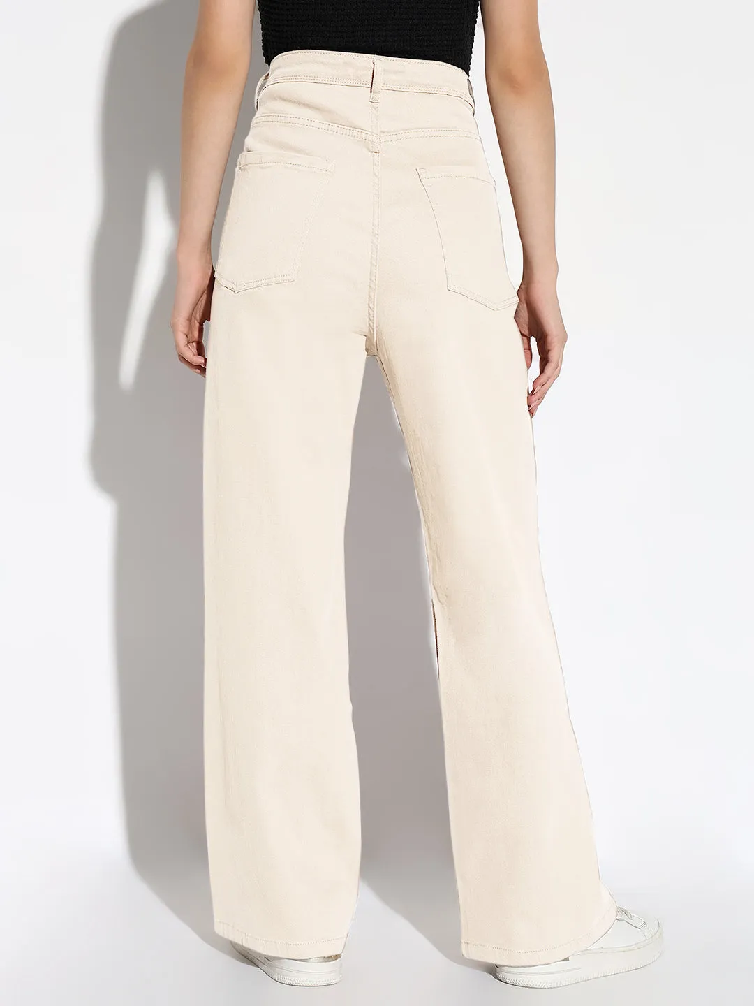 Youth Style Weekend Style Rainy Day Premium Cotton Blend Women's Cream Wide Leg Denim Jeans