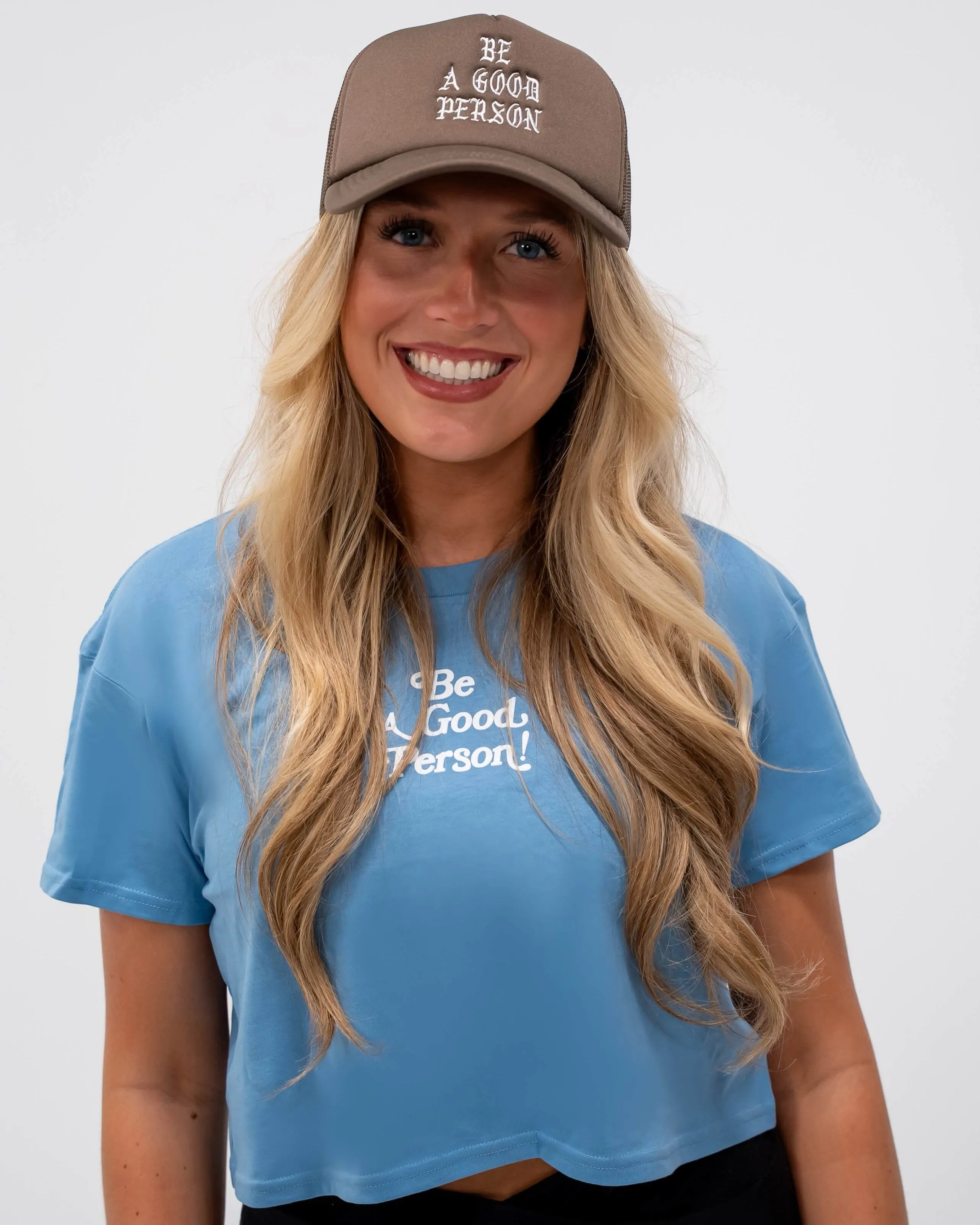 Layered Hem Detail Exclamation Crop Top - Carolina Blue